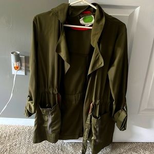 Gorgeous Anthropologie Olive light jacket with salmon trim and built in belt ✨